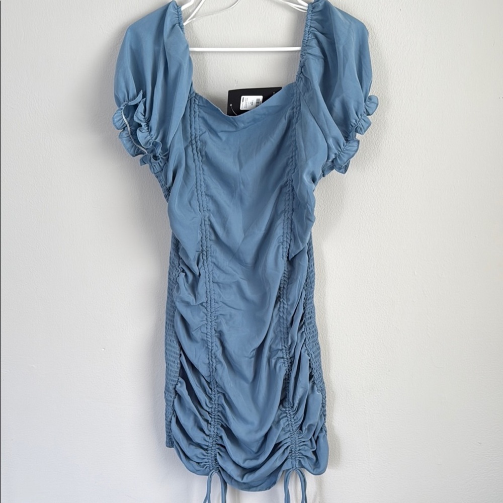 Fashion Nova Blue Ruched Bodycon Mini Dress with Puff Sleeves
